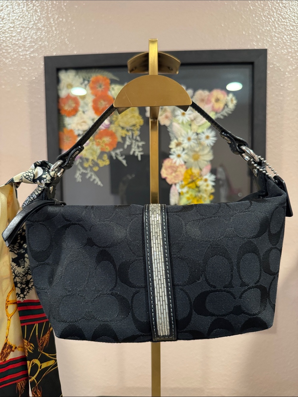 Coach Signature C Mini Hobo Bag with Silver Bead Stripe Leather Trim